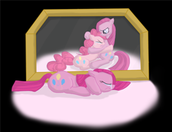 Size: 610x468 | Tagged: safe, artist:qaxis, pinkie pie, earth pony, pony, crying, duality, hug, mirror, pinkamena diane pie, sad