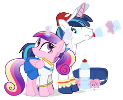 Size: 960x780 | Tagged: safe, artist:dm29, princess cadance, shining armor, alicorn, pony, unicorn, cheerleader, clothes, duo, magic, simple background, towel, transparent background