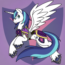 Size: 724x730 | Tagged: safe, artist:anime-apothecary, artist:dfectivedvice, shining armor, alicorn, pony, unicorn, abstract background, alicornified, armor, colored, colored hooves, cutie mark background, horseshoes, male, male alicorn, prince shining armor, race swap, solo, stallicorn, stallion, unshorn fetlocks