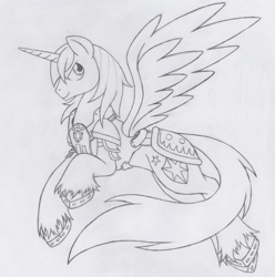 Size: 724x730 | Tagged: safe, artist:dfectivedvice, shining armor, alicorn, pony, unicorn, alicornified, armor, grayscale, monochrome, prince shining armor, race swap, sketch, solo, traditional art