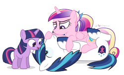 Size: 1110x675 | Tagged: safe, artist:dm29, princess cadance, shining armor, twilight sparkle, alicorn, pony, unicorn, annoyed, bedroom eyes, cuddling, female, filly, male, shiningcadance, shipping, simple background, smiling, snuggling, straight, tackle, transparent background, trio