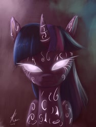 Size: 768x1024 | Tagged: safe, artist:raikoh, derpibooru import, twilight sparkle, glowing eyes, magic, solo, tattoo