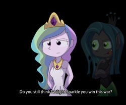 Size: 1024x850 | Tagged: safe, artist:fj-c, princess celestia, queen chrysalis, changeling, changeling queen, equestria girls, engrish, fantasy