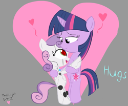 Size: 1299x1078 | Tagged: safe, artist:trolllightsparkle, derpibooru import, sweetie belle, sweetie bot, twilight sparkle, pony, robot, unicorn, friendship is witchcraft, bipedal, cutie mark, female, filly, foal, heart, hooves, horn, hug, love, open mouth, smiling, solo, text, twibelle