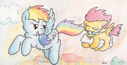 Size: 1149x589 | Tagged: safe, artist:slightlyshade, rainbow dash, scootaloo, pegasus, pony, cloud, cloudy, scootaloo can't fly, scootalove, tail bite, traditional art