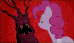 Size: 325x188 | Tagged: safe, screencap, pinkie pie, earth pony, pony, friendship is magic, animated, grin, hub logo, laughing, laughter song, looking back, singing, smiling, solo, tree