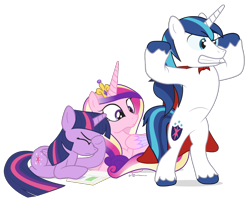 Size: 950x760 | Tagged: safe, artist:dm29, princess cadance, shining armor, twilight sparkle, twilight sparkle (alicorn), alicorn, pony, unicorn, book, cape, clothes, eyes on the prize, facehoof, female, mare, simple background, transparent background, trio