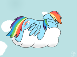 Size: 1381x1024 | Tagged: safe, artist:colinmlp, rainbow dash, pegasus, pony, blue coat, cloud, female, mare, multicolored mane, sleeping, solo