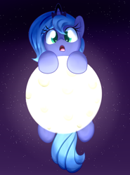 Size: 1000x1350 | Tagged: safe, artist:acersiii, princess luna, alicorn, pony, :o, cute, female, filly, looking at you, lunabetes, moon, open mouth, solo, stars, sweet dreams fuel, tangible heavenly object, woona