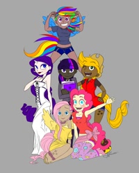 Size: 768x960 | Tagged: safe, artist:nicklavin, artist:pinkie-garry, derpibooru import, applejack, fluttershy, pinkie pie, rainbow dash, rarity, twilight sparkle, clothes, corset, daisy dukes, harajuku, harajuku tights, horned humanization, humanized, off shoulder, pose, shorts, stockings, tailed humanization, winged humanization