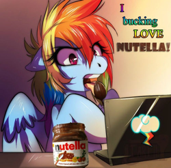 Size: 500x491 | Tagged: safe, artist:tartii, edit, rainbow dash, pegasus, pony, angry, captions, computer, laptop computer, licking, nutella, obligatory pony, spoon, tongue out