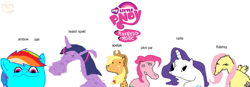 Size: 1733x604 | Tagged: safe, derpibooru import, applejack, fluttershy, pinkie pie, rainbow dash, rarity, twilight sparkle, earth pony, pegasus, pony, unicorn, apeljak, arnbow dah, dolan, flutehsy, mane six, pikni pai, rarite, twalot spakl, twalot spurkl