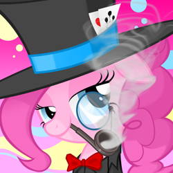 Size: 1500x1500 | Tagged: safe, artist:sunyup, pinkie pie, earth pony, pony, bowtie, card, hat, lidded eyes, monocle, monocle and top hat, pipe, smoking, top hat