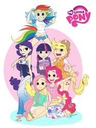 Size: 1873x2500 | Tagged: safe, artist:nicklavin, derpibooru import, applejack, fluttershy, pinkie pie, rainbow dash, rarity, twilight sparkle, anklet, book, clothes, corset, harajuku, harajuku tights, horned humanization, humanized, mane six, midriff, shorts, skirt, stockings, tailed humanization, winged humanization