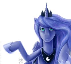 Size: 900x809 | Tagged: safe, artist:droakir, princess luna, alicorn, pony, raised hoof, simple background, solo, uncanny valley