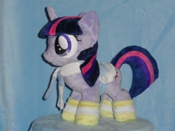 Size: 640x480 | Tagged: safe, artist:whitedove-creations, derpibooru import, twilight sparkle, winter wrap up, clothes, filly, irl, photo, plushie, saddle, scarf, socks, solo, striped socks