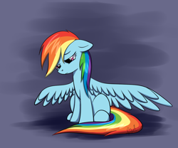 Size: 900x750 | Tagged: safe, artist:maplesunrise, rainbow dash, pegasus, pony, female, floppy ears, mare, sad, signature, sitting, solo