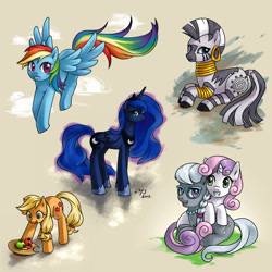 Size: 2000x2000 | Tagged: safe, artist:katiramoon, applejack, princess luna, rainbow dash, silver spoon, sweetie belle, zecora, alicorn, earth pony, pegasus, pony, zebra, apple, female, food, gradient background, lesbian, shipping, silverbelle, simple background