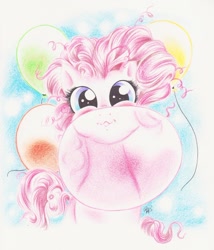 Size: 900x1051 | Tagged: dead source, safe, artist:yaoi-theartofbeauty, pinkie pie, earth pony, pony, balloon, blowing, bubblegum, cute, female, mare, traditional art