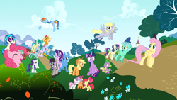 Size: 3840x2160 | Tagged: safe, derpibooru import, edit, edited screencap, editor:joeydr, screencap, apple bloom, applejack, bon bon, derpy hooves, dj pon-3, fluttershy, gallus, lyra heartstrings, ocellus, octavia melody, pinkie pie, rainbow dash, rarity, sandbar, scootaloo, silverstream, smolder, spike, starlight glimmer, sweetie belle, sweetie drops, trixie, twilight sparkle, twilight sparkle (alicorn), vinyl scratch, yona, alicorn, changedling, changeling, classical hippogriff, dragon, earth pony, griffon, hippogriff, pegasus, pony, unicorn, yak, applejack's hat, bow, bush, cloud, confused, cowboy hat, cutie mark crusaders, everypony, eye contact, eyes closed, female, filly, flower, flying, frown, glare, grin, happy, hat, headphones, high res, lidded eyes, looking at each other, looking back, male, mane seven, mane six, mare, open mouth, pose, prone, raised eyebrow, raised hoof, scroll, sitting, sleeping, smiling, smirk, spread wings, squee, stallion, student six, sunglasses, wall of tags, wide eyes, wings