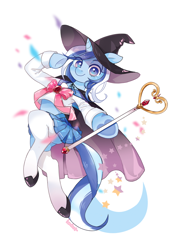 Size: 800x1131 | Tagged: safe, artist:lemonheart, minuette, semi-anthro, unicorn, clothes, commission, crossover, cute, female, hat, hoof hold, looking at you, mare, minubetes, pleated skirt, puella magi madoka magica, shoes, skirt, skirt lift, smiling, smiling at you, socks, solo, thigh highs, underwear, upskirt, wand, witch hat, zettai ryouiki