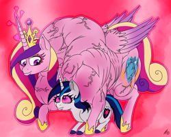 Size: 1280x1024 | Tagged: safe, artist:sovereignbooty, gleaming shield, princess cadance, shining armor, alicorn, pony, unicorn, female, fetish, gleaming cadance, lesbian, love, love magic, magic, muscle fetish, muscles, overdeveloped muscles, princess ca-dense, role reversal, rule 63, shiningcadance, shipping, someone got their idea of muscle definition from akira, wat