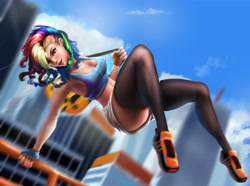 Size: 5887x4389 | Tagged: safe, artist:sunset tide, rainbow dash, human, absurd resolution, armpits, backpack, breasts, cleavage, clothes, female, gloves, humanized, midriff, mirror's edge, outdoors, pants, parkour, pixiv, rainboob dash, shoes, shorts, sneakers, socks, solo, tanktop, thigh highs