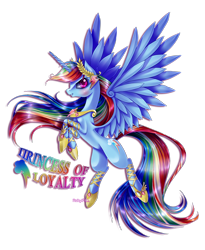 Size: 1800x2200 | Tagged: safe, artist:rubypm, rainbow dash, alicorn, pony, alicornified, element of loyalty, race swap, rainbowcorn, solo