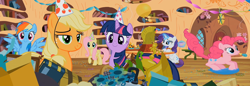 Size: 1920x662 | Tagged: safe, derpibooru import, screencap, applejack, fluttershy, pinkie pie, rainbow dash, rarity, twilight sparkle, earth pony, pegasus, pony, unicorn, secret of my excess, hat, party hat