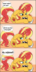 Size: 750x1500 | Tagged: safe, artist:albertbm, sunset shimmer, pony, unicorn, bad pony, behaving like a dog, blushing, cellphone, chewing, comic, cute, dialogue, eating, female, mare, misspelling, offscreen character, pet, phone, pony pet, shimmerbetes, silly, silly pony, solo, speech bubble, talking