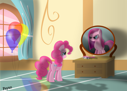 Size: 3683x2658 | Tagged: safe, artist:psyxofthoros, pinkie pie, earth pony, pony, crying, duality, high res, mirror, pinkamena diane pie, reflection, sad