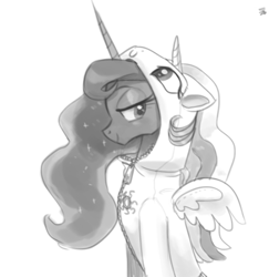Size: 530x546 | Tagged: safe, artist:ehfa, princess luna, alicorn, pony, bedroom eyes, c:, clothes, female, grayscale, hood, hoodie, looking back, mare, monochrome, simple background, solo, white background