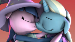 Size: 1024x576 | Tagged: safe, artist:ebayusergreen, derpibooru import, trixie, twilight sparkle, anthro, 3d, commission, eyes closed, female, hug, kissing, lesbian, shipping, source filmmaker, twixie