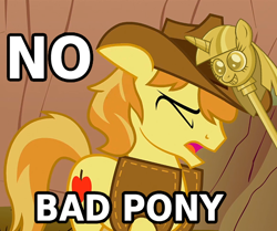 Size: 528x441 | Tagged: safe, edit, edited screencap, screencap, braeburn, over a barrel, princess twilight sparkle (episode), bad pony, colonialism, colonist, cropped, image macro, imperialism, imperialist, karma, ouch, reaction image, solo, swatting, twilight scepter