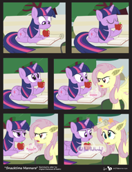 Size: 780x1020 | Tagged: safe, artist:dm29, derpibooru import, fluttershy, twilight sparkle, twilight sparkle (alicorn), alicorn, bat pony, pony, bats!, apple, bad pony, bench, book, comic, derp, duo, eating, fangs, flutterbat, hissing, pure unfiltered evil, race swap, reading, swatting, unamused