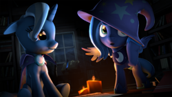Size: 1920x1080 | Tagged: safe, artist:argodaemon, princess luna, trixie, alicorn, pony, unicorn, 3d, accessory swap, candle, cute, diatrixes, female, filly, library, lunabetes, mare, night, source filmmaker, woona