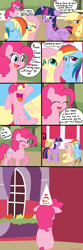Size: 900x2700 | Tagged: safe, artist:tralalayla, derpibooru import, applejack, fluttershy, pinkie pie, rainbow dash, twilight sparkle, twilight sparkle (alicorn), alicorn, earth pony, pegasus, pony, ..., :c, bad pinkie, bad pony, cheering, comic, corner, crying, dialogue, drama, dunce hat, eyes closed, female, floppy ears, frown, harsher in hindsight, hat, lidded eyes, looking at you, looking down, mare, one eye closed, open mouth, pinkie drama, raised hoof, sad, shocked, sitting, smiling, speech bubble, time out, wide eyes, window, wink