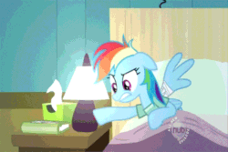 Size: 500x333 | Tagged: safe, screencap, rainbow dash, pegasus, pony, read it and weep, animated, bandage, bed, floppy ears, hospital bed, hub logo, lamp, light switch, loop, solo