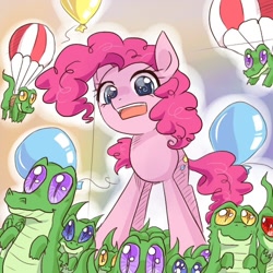 Size: 500x500 | Tagged: safe, artist:keterok, gummy, pinkie pie, alligator, earth pony, pony, baby animals, balloon, parachute