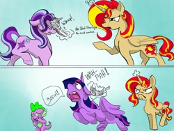 Size: 1023x769 | Tagged: safe, artist:firimil, spike, starlight glimmer, sunset shimmer, twilight sparkle, twilight sparkle (alicorn), alicorn, pony, unicorn, every little thing she does, 2 panel comic, alicornified, bad pony, comic, dialogue, do i look angry, fanfic art, floppy ears, frown, horn impalement, levitation, magic, newspaper, nose in the air, nose wrinkle, open mouth, race swap, raised hoof, raised leg, shimmercorn, stifling laughter, story included, swatting, telekinesis