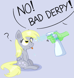 Size: 925x974 | Tagged: artist needed, source needed, safe, derpy hooves, oc, oc:anon, human, pegasus, pony, bad pony, disembodied hand, female, hand, mare, oblivious, question mark, simple background, sitting, spray bottle, tongue out