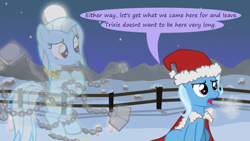 Size: 1280x720 | Tagged: safe, artist:evil-dec0y, derpibooru import, trixie, oc, pony, comic:trixie vs., comic:trixie vs. hearth's warming, christmas, clothes, costume, hat, holiday, santa costume, santa hat