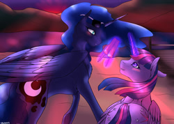 Size: 1250x892 | Tagged: safe, artist:backlash91, princess luna, twilight sparkle, twilight sparkle (alicorn), alicorn, pony, blushing, both cutie marks, chest fluff, female, food, lake, lesbian, magic, mare, plot, popsicle, shipping, story included, sunglasses, sunset, telekinesis, twibutt, twilight (astronomy), twiluna