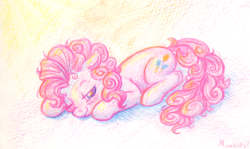 Size: 614x367 | Tagged: safe, artist:mumbles, pinkie pie, earth pony, pony, bed mane, blushing, morning ponies, sleeping, solo, traditional art