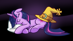 Size: 1920x1080 | Tagged: safe, artist:mykegreywolf, derpibooru import, twilight sparkle, hat, sleeping