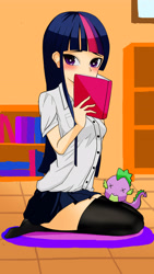 Size: 2322x4128 | Tagged: safe, artist:nyamnyam2, spike, twilight sparkle, human, book, clothes, humanized, kneeling, plushie, school uniform, socks, solo, thigh highs