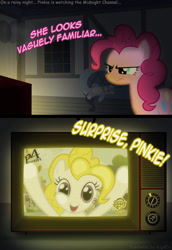 Size: 742x1077 | Tagged: safe, artist:kujaex, pinkie pie, surprise, earth pony, pony, g1, crossover, g1 to g4, generation leap, parody, persona, persona 4