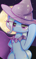 Size: 720x1184 | Tagged: safe, artist:phoenixrk49, derpibooru import, trixie, pony, bipedal, black background, cape, clothes, cute, diatrixes, eye clipping through hair, female, hat, looking at you, mare, moon, simple background, smiling, solo, trixie's cape, trixie's hat