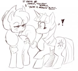 Size: 921x839 | Tagged: safe, artist:bluntwhiskey, derpibooru import, applejack, twilight sparkle, earth pony, pony, unicorn, brutal honesty, dialogue, exclamation point, grayscale, lineart, monochrome, raised hoof, shrunken pupils, vulgar