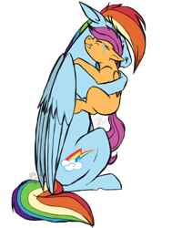 Size: 800x1000 | Tagged: safe, artist:phenoxfire, rainbow dash, scootaloo, pegasus, pony, crying, cute, hug, scootalove